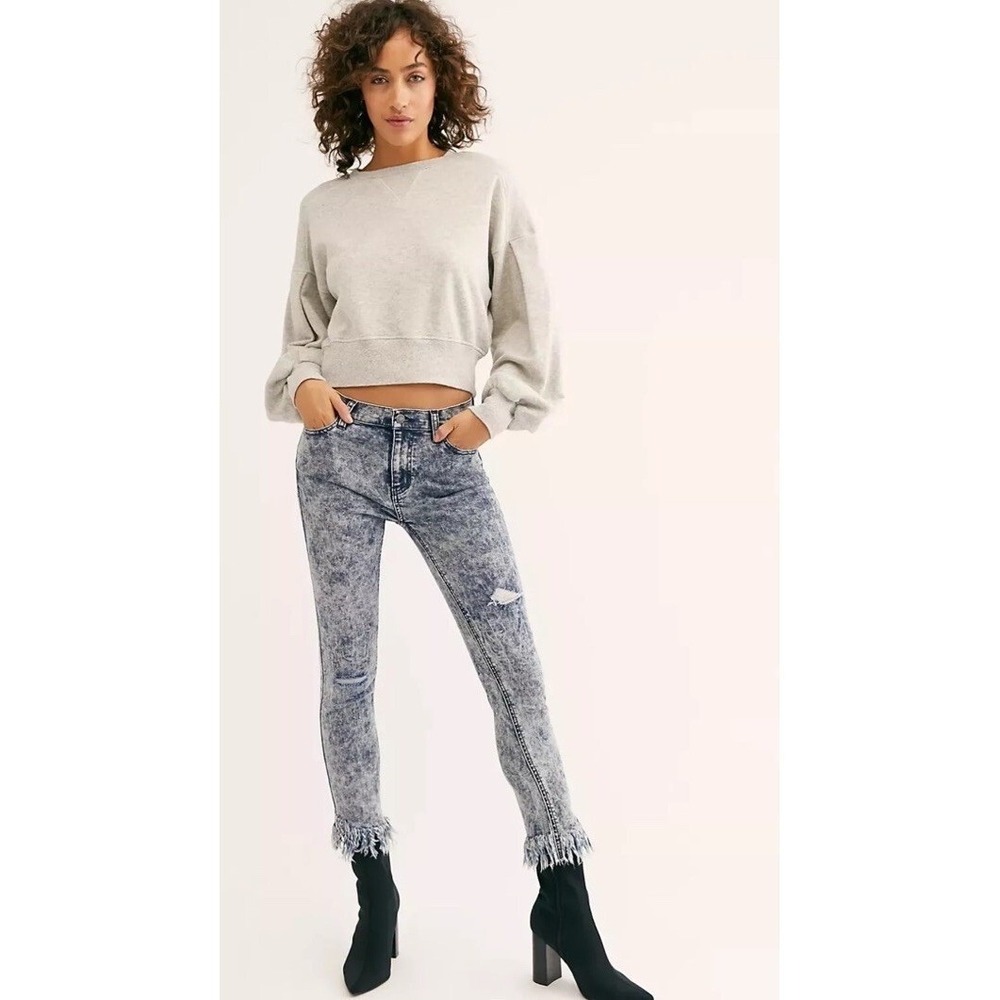 Free People Great‎ Heights Acid Blue Wash Frayed Distressed Skinny Jeans Size 27